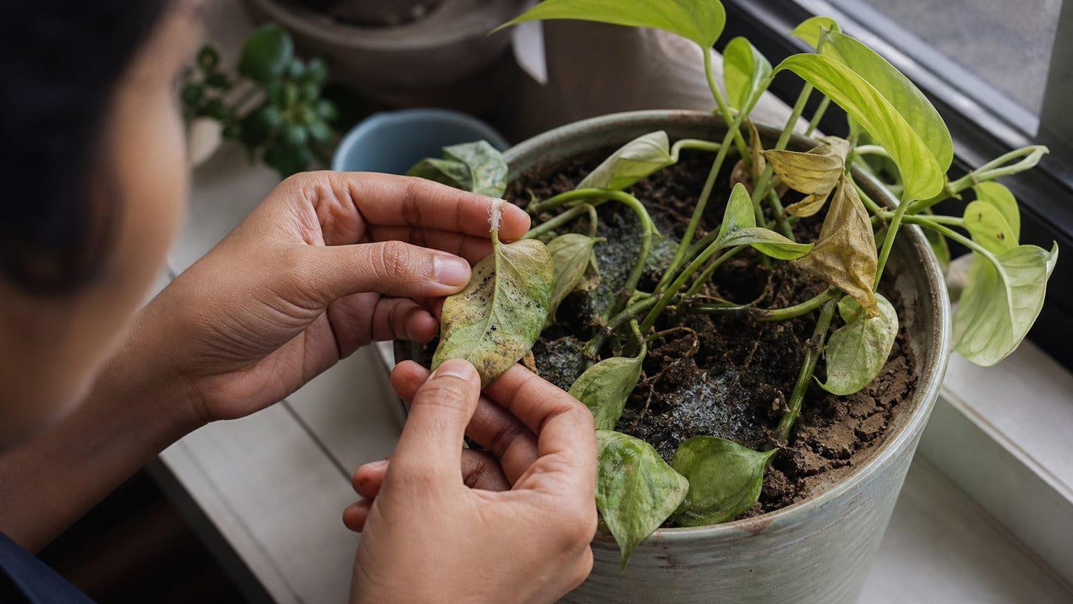 किसी बीमार पौधे का वर्णन कैसे करें: Wilting, Overwatering, Pests, Mold, और Dry Soil
