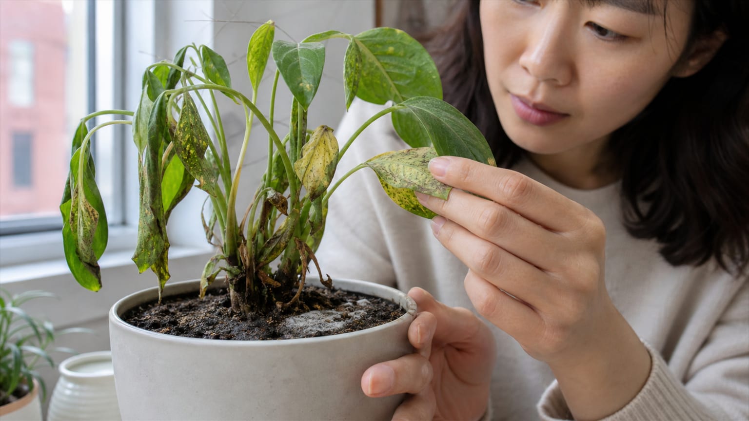 怎麼描述一株生病的植物：wilting、overwatering、pests、mold、dry soil