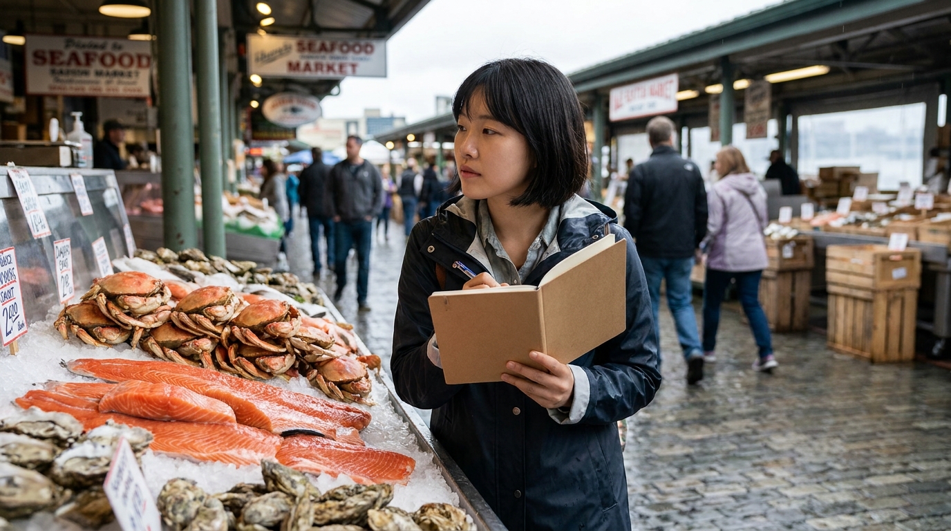 Seattle 해산물 가이드: 연어, Dungeness 게, 굴, 지오덕, 그리고 음식을 통한 묘사 말하기