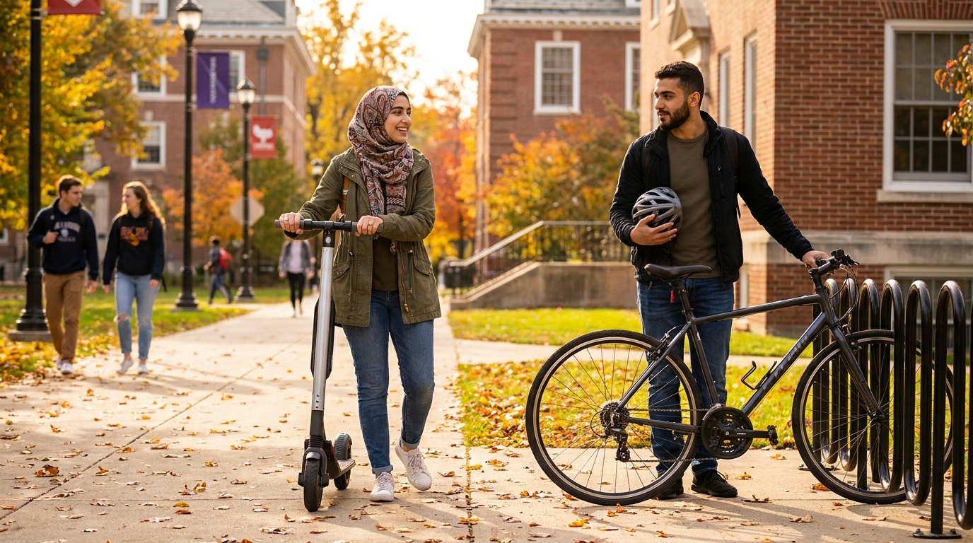 التنقل بدون سيارة — الدراجات والسكوترات والبدائل في المدن الجامعية الأمريكية