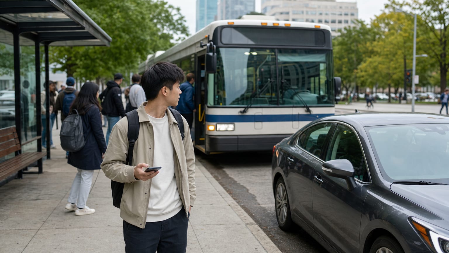 為什麼是 'on the bus' 卻是 'in the car'？
